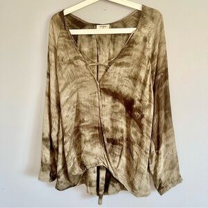Umgee Boho Tie Dye Green Brown Long Sleeve Tunic Size L Large